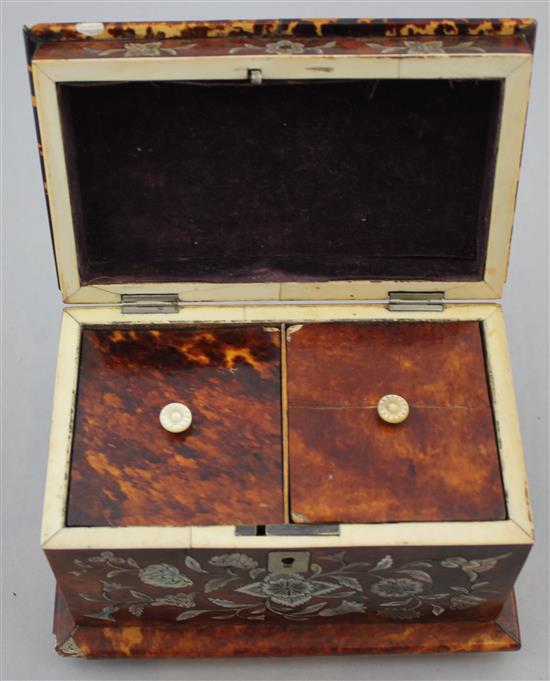 An early Victorian tortoiseshell and floral mother of pearl inlaid two division tea caddy, 7.5in.